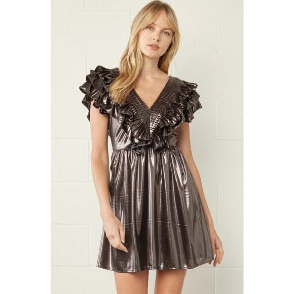 Entro Bronze‎ Metallic Ruffles Mini Dress Women's Medium Party Glam Occasion NWT - Picture 1 of 14